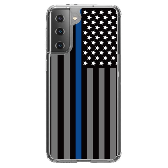 DistinctInk Clear Shockproof Hybrid Case for Galaxy S21 5G (6.2" Screen) - TPU Bumper, Acrylic Back, Tempered Glass Screen Protector - Thin Blue Line US Flag Law Enforcement - First Responders