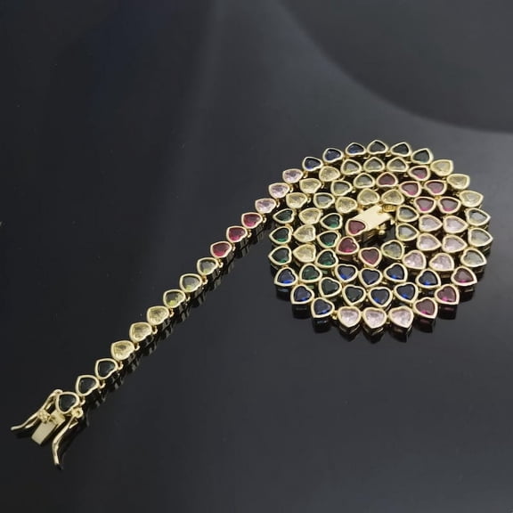 4mm Rainbow Heart Tennis Necklace Bracelet,CZ Multi Color Gemstones Choker/14K Gold plated/White Gold/Eternity Riviera Bling CZ CollarJewelry/Gift Box