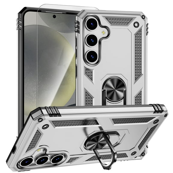 Decase Compatible with Samsung Galaxy S25 2025 Case 1-Pack Tempered Screen Protector, Military Grade Drop Protection Cover with 360° Rotating Kickstand, Heavy Duty Shockproof Phone Case,Silver