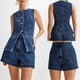 thumbnail image 3 of Conjunto de ropa de 2 piezas para mujer, Top de cuello redondo con abertura sin mangas, traje corto ancho de cintura alta, pantalones cortos informales, 2024, 3 of 5