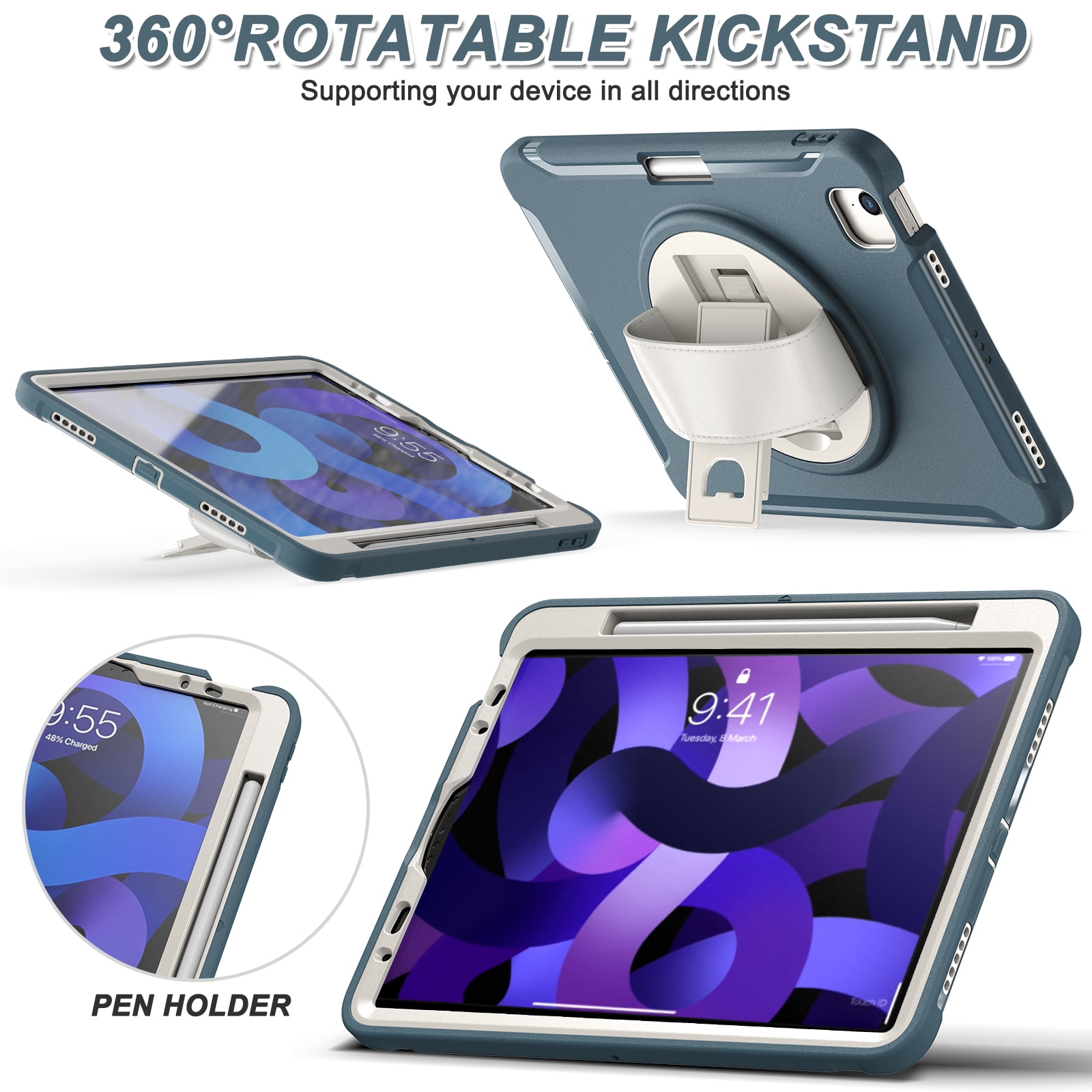 For iPad Air 11 Inch 2026/2025/2024 Case with Pencil Holder, Military Grade Shockproof Kickstand Handle Strap Anti-Scratch Kids Friendly Bumper Tablet Case Cover for Apple iPad Air 11" M4 M3 M2