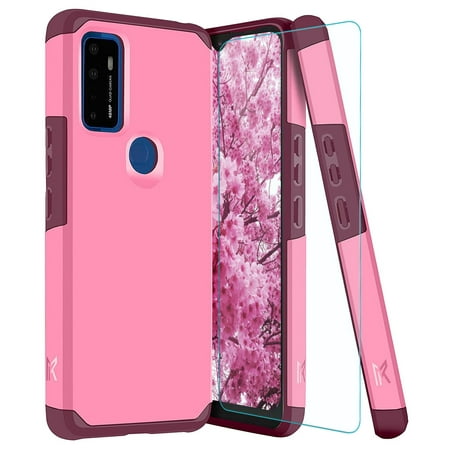 TJS Phone Case for Cricket Dream 5G / Innovate 5G / AT&T Radiant Max 5G / Fusion 5G, with Tempered Glass Screen Protector, Dual Layer Drop Protection Impact Rugged Armor Cover (Pink)