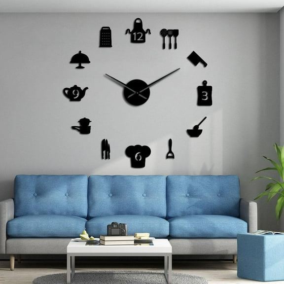 Kitchen tools DIY giant wall clock frameless large wall clock kitchen art decoration(Black,27inch)