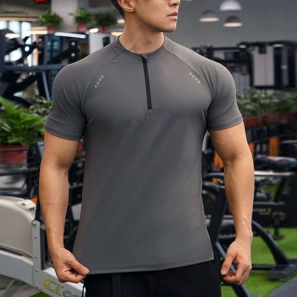 Tops para hombre, blusas y camisas de manga corta y cuello redondo para hombre, blusas deportivas casuales de verano para hombre, de color liso, de manga corta, con media cremallera y cuello redondo,