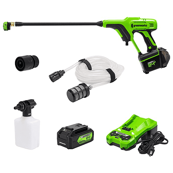 Greenworks 24V 600 PSI 0.8 GPM Cold Water Cordless Electric Pressure Washer w/ 4.0Ah USB Battery, Charger, 5-in-1 Spray Nozzle, Spray Wand, Garden Hose Adapter, 20FT Siphon Hose, Soap Applicator & Spray Tip Cleaning Tool [125+ Compatible Tools]