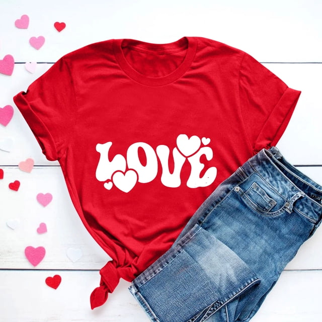 KIHOUT Hauts de Mode pour Femmes Saint-Valentin T-shirt à Manches Courtes Imprimé Amour Couleur Unie Haut à Manches Courtes Col Rond, Taille p-3TG
