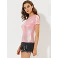 thumbnail image 3 of INSPIRE CHIC Haut Multicolore Brillant à Manches Courtes Texturé Métallisé de Fête pour Femme Rose Pâle S, 3 of 5