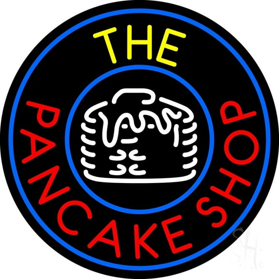 Circle The Pancake Shop LED Neon Sign 26 x 26 - inches, Black Square Cut Acrylic Backing, with Dimmer - Bright and Premium built indoor LED Neon Sign for restaurant window and interior decor.