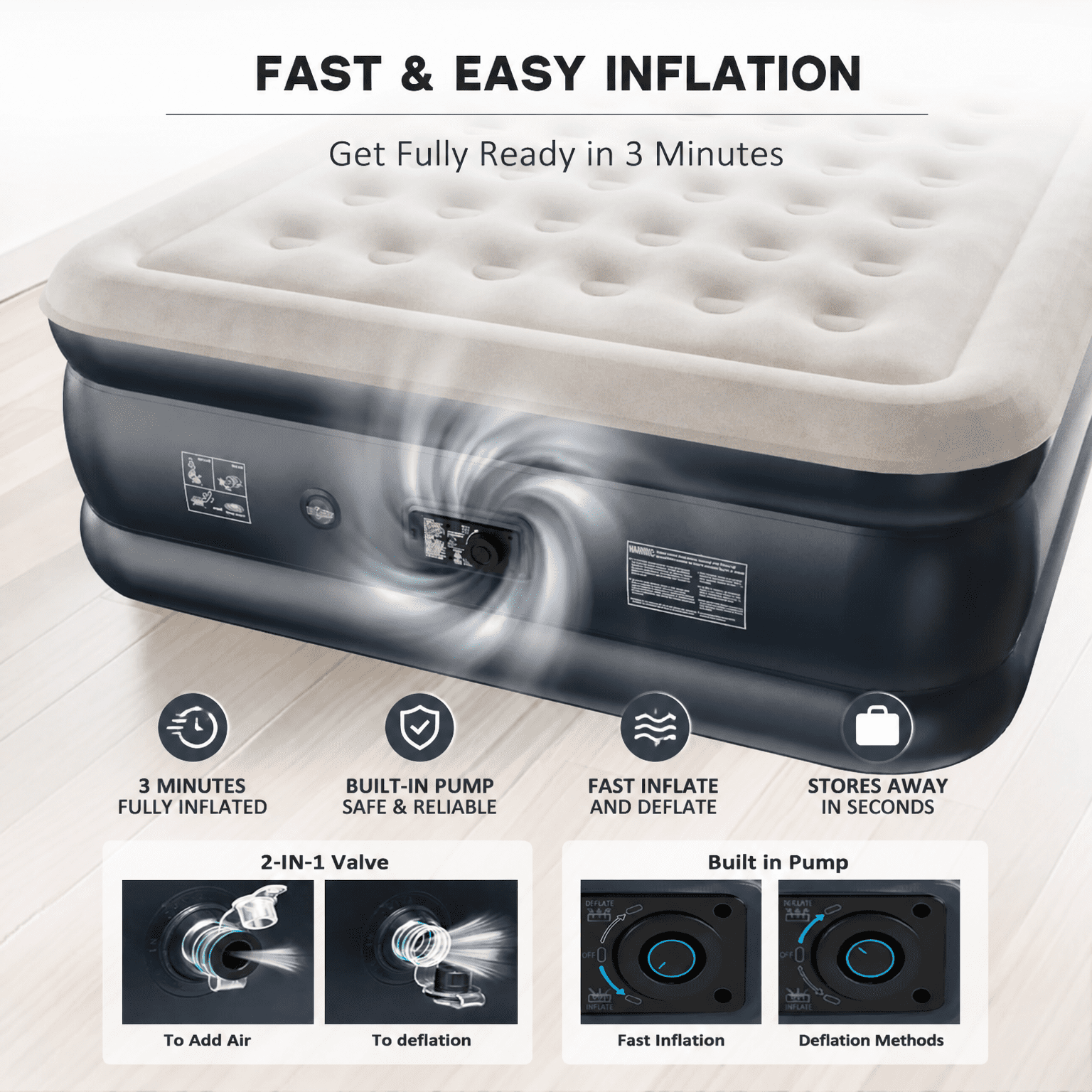 Nalone Queen Air Mattress with Built in Pump, 18-Inch Elevated Inflatable Bed Blow Up Mattress, Puncture-Resistant, Quick Inflation/Deflation, Portable for Camping & Trip & Home