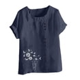 thumbnail image 4 of Cmfcve Women's Plus Size Tee Shirt Short Sleeve Round Neck Cotton Linen Tops Printed Button Henley Blouse, 4 of 5