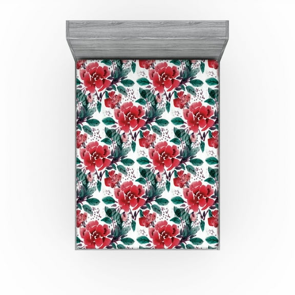 Ambesonne Floral Boho Fitted Sheet, Watercolor Flowers Rose, California King, Dark Coral and Forest Green