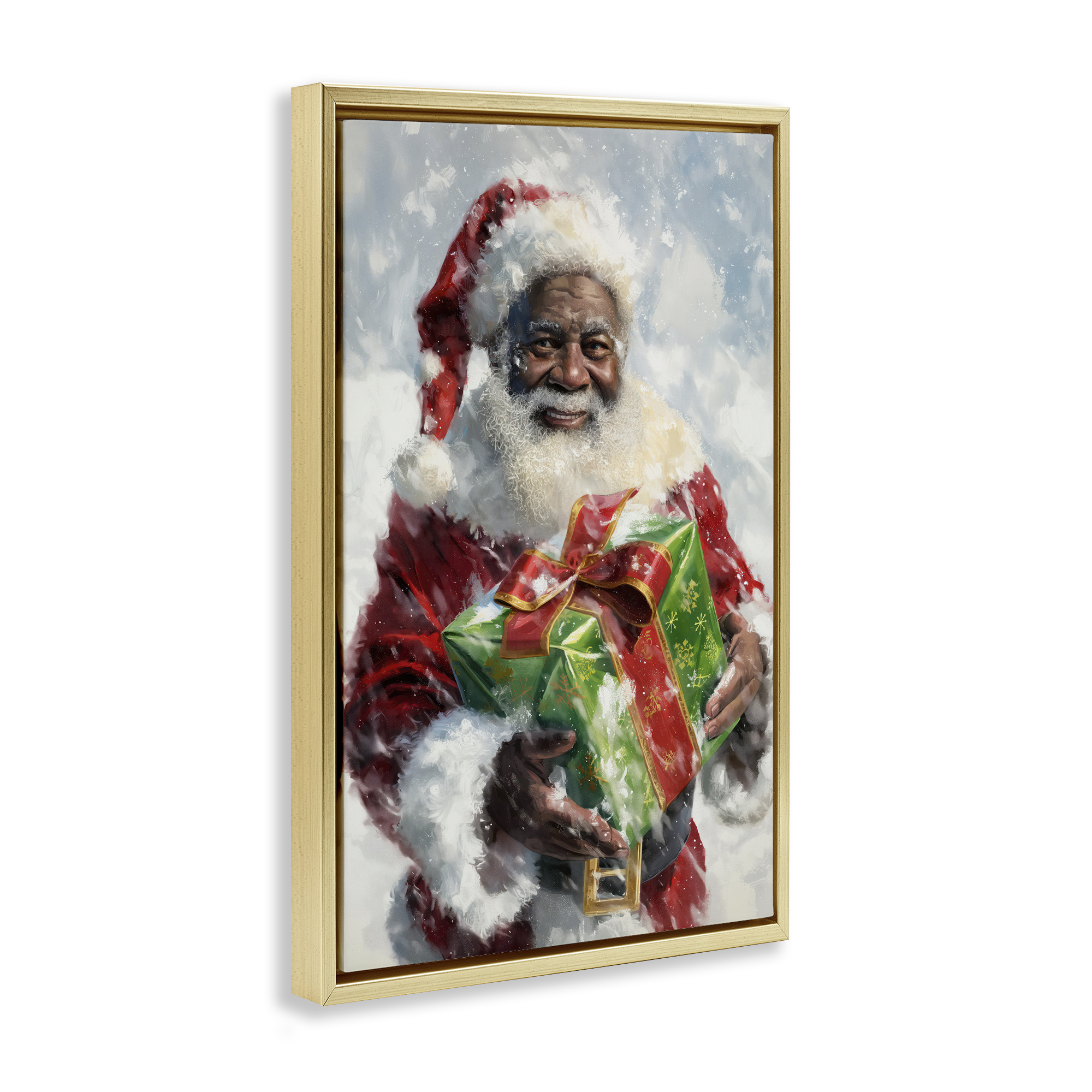 Stupell Industries Santa Claus & Gift Holiday Painting Gold Floater Framed Art Print Wall Art, 21 x 31