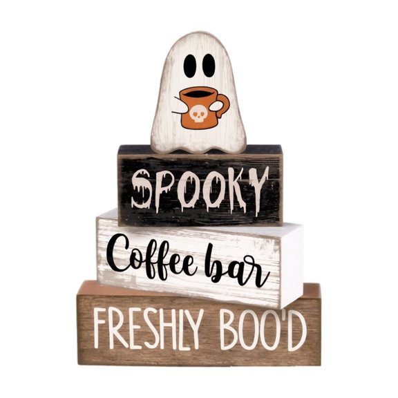 4Pcs Halloween Stacked Ghost Coffee Bar Wooden Signs Spooky Tabletop Accents for Farmhouse Tiered Tray Decor