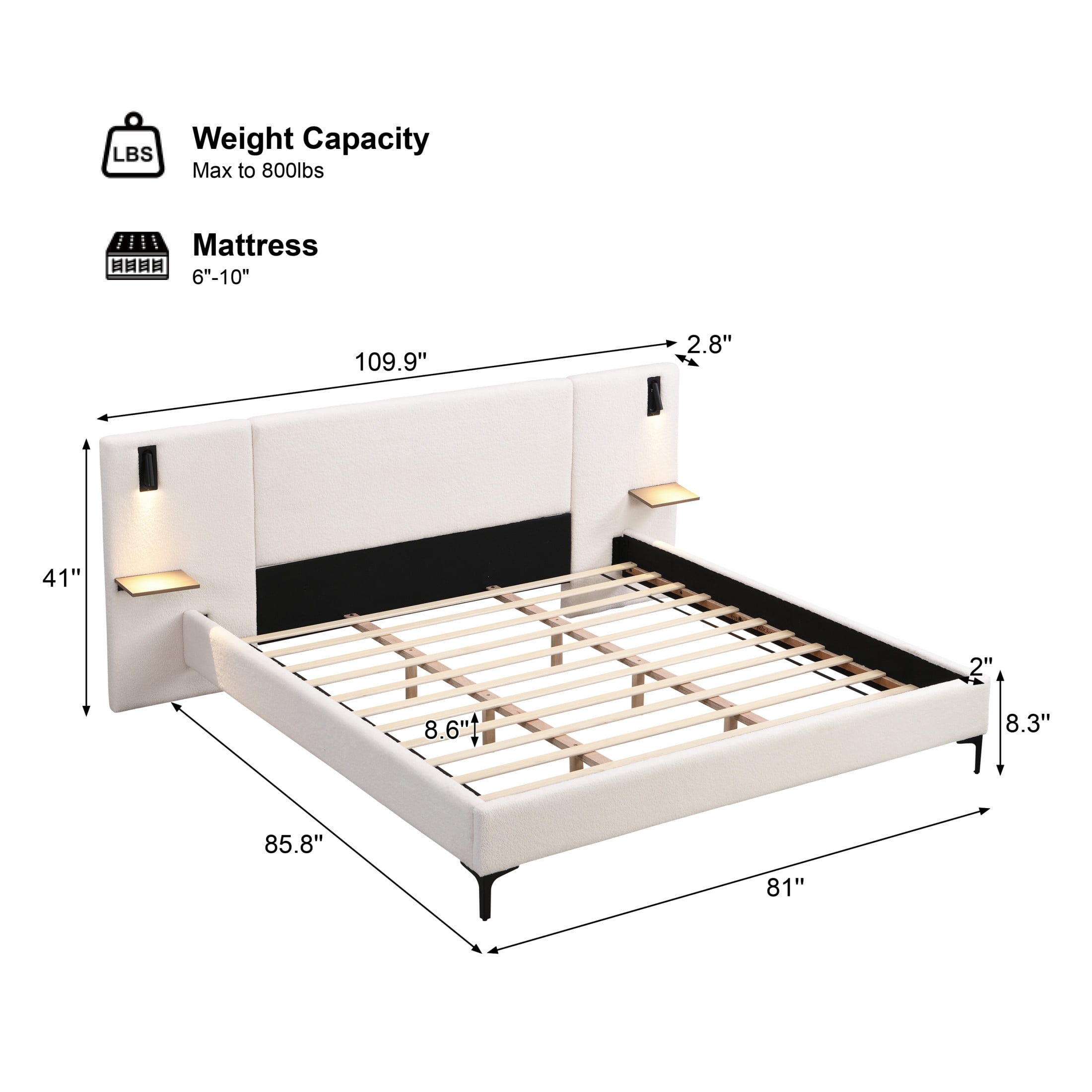 Christopher Knight Home Boucle Upholstered King Platform Bed with Reading Lights and Headboard Shelves, White