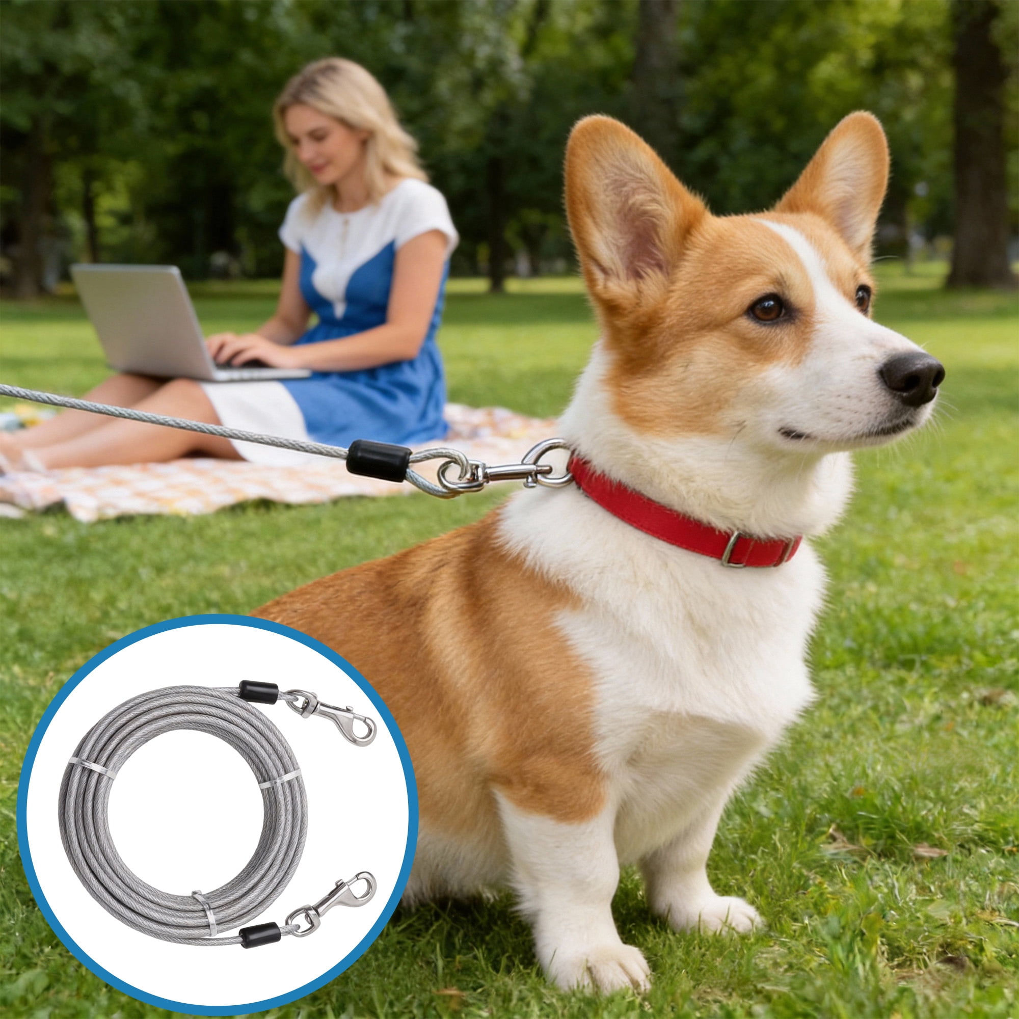 25 Ft Dog Tie Out Cable, Heavy‑Duty Steel Wire Dog Leash with 360° Swivel Hooks, Outdoor Dog Tether Cable for Yard, Park, Camping & Beach Walking
