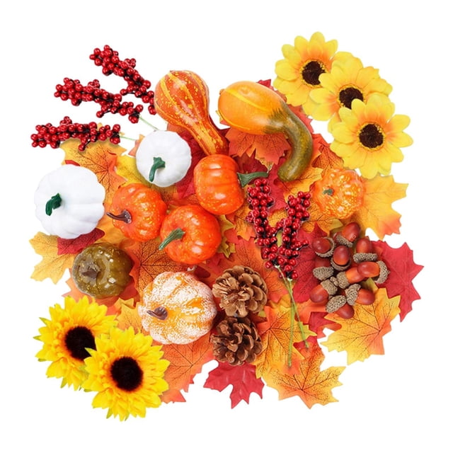 96 Uds. Calabazas artificiales de espuma para manualidades, Mantel de calabazas de tamaños surtidos, Otoño con Hojas de arce para decoración navideña
