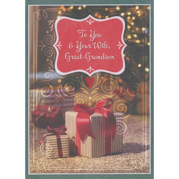 Designer Greetings Small and Large Brown Striped Presents on Carpet Christmas Card for Great-Grandson and Wife