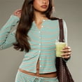 thumbnail image 6 of Women's Striped 2 Piece Pants Outfits Long Sleeve Button Down Knit Top Set Leisure Vacation Green M, 6 of 10