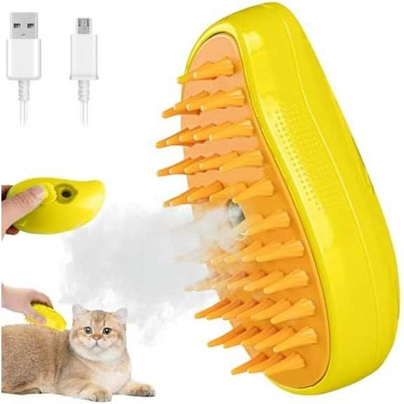 Cat Pet Hair Brush 3-in-1 Appliance, Self-Cleaning Steam Pet Brush for Massage, Multifunctional Grooming Brush for Removing Tangles and Loose Hair (Yellow)