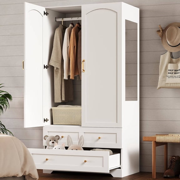 Freestanding Wardrobe Closet with 2 Drawers & 2 Doors, Full-Length Mirror, White Bedroom Armoire for