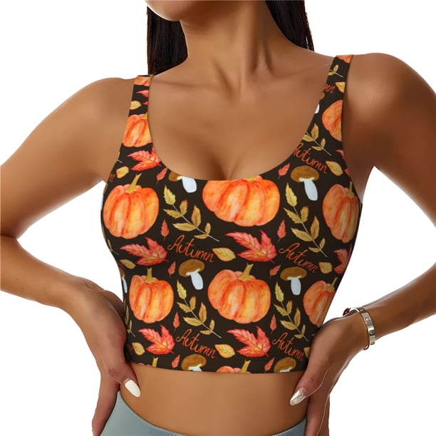 Fotbe Autumn Pumpkin Sujetador Deportivo Largo sin Aros para Mujer con Almohadillas y Soporte Medio, Transpirable y Absorbente, Camiseta Tipo Chaleco o Tank Top-Large