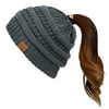 C.C Soft Stretch Cable Knit Messy Bun Ponytail Beanie Winter Hat (MB-20A) (Dark Melange Grey Metallic)