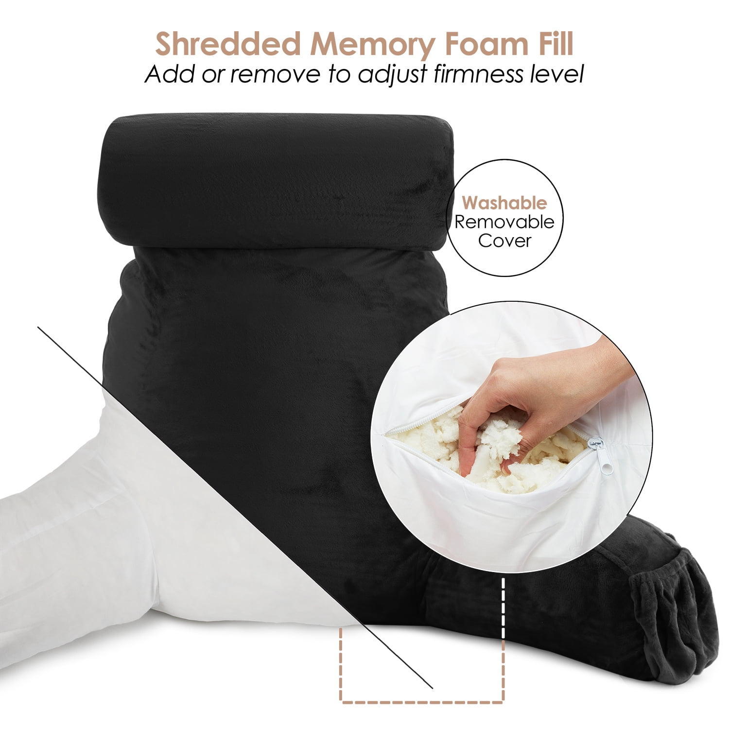 LAMMALOE Reading Pillow , Backrest Pillows with Arms, Plush Back Pillow Detachable Neck Roll, Shredded Memory Foam Bed Rest Pillow, Large, Black