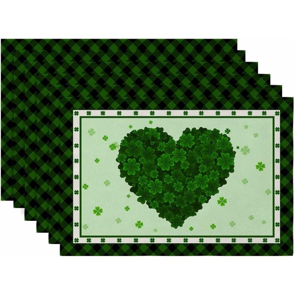 Ensemble de 6 Napperons pour la Saint-Patrick, Décor de Cuisine Maison Cœur Trèfle Antidérapant pour Fête 12 x 18 Pouces Carreaux Verts
