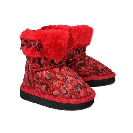 Toddler Infant Girls Red Leopard Glitter Faux Fur Ankle Boots Dress Crib Shoes