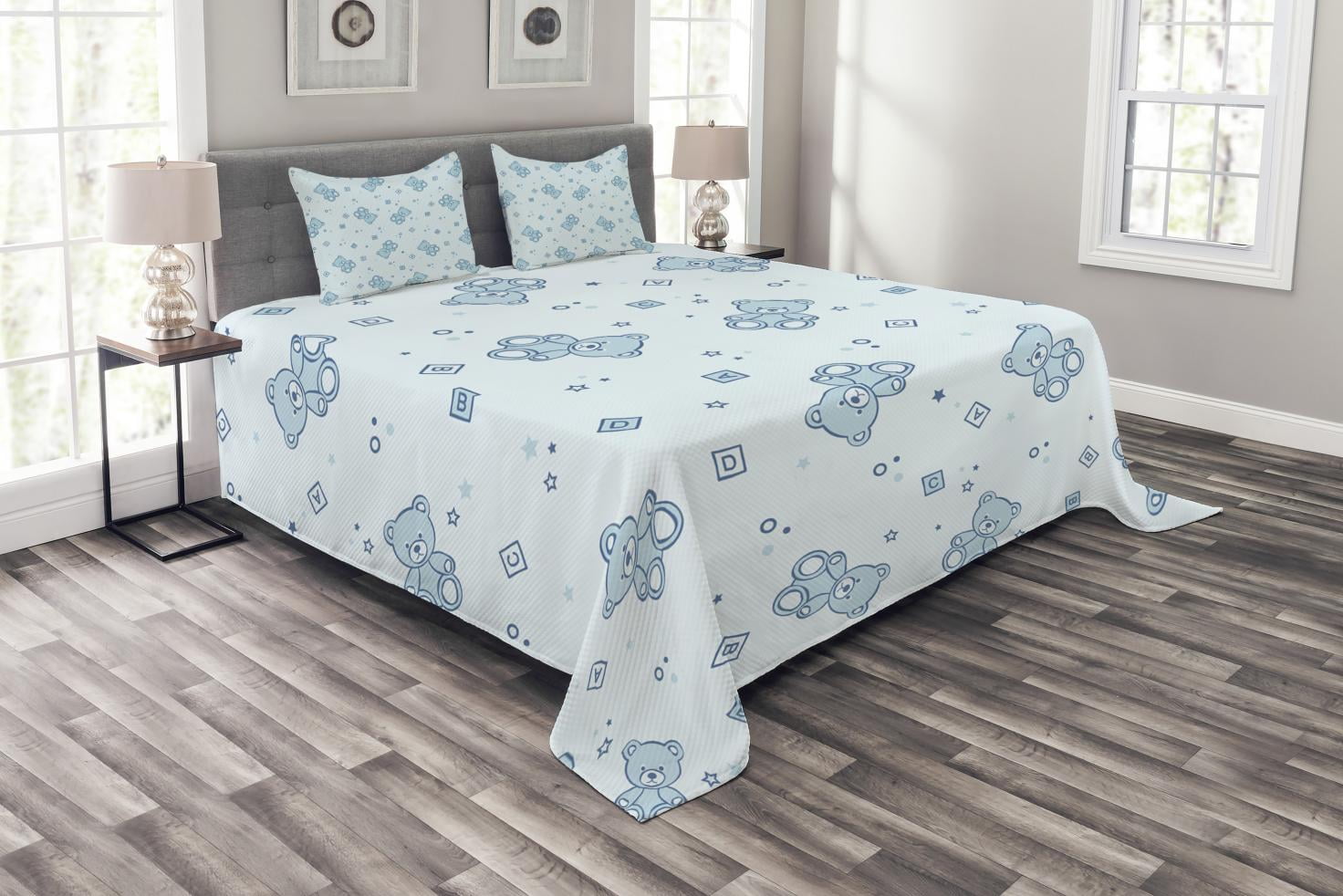 Ambesonne Cartoon Quilted Bedspread Set 3 Pcs, Teddy Bear Letters, King