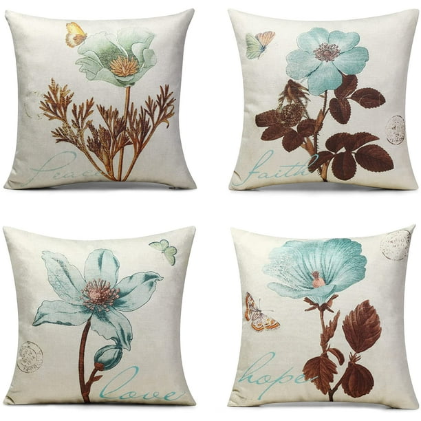 Pack of 4 Throw Pillow Covers 18 x 18, Decorative Floral Linen Pillow Cover for Living Room Bedroom, Couch Sofa Chair Bed Pillow Covers Home Outdoor, Set of 4 Pillowcases Only Zhivalor Cojines