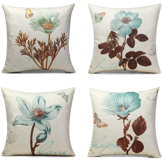 Monkeysell Paquete de 4 fundas de almohada de 18 x 18, funda de almohada decorativa de lino floral para sala de estar, dormitorio, sofá, silla, cama, fundas de almohada para el hogar al aire libre, solo juego de 4 fundas de almohada Zhivalor Cojines
