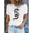 thumbnail image 1 of Camiseta de moda para mujer con estampado de dragón, cuello redondo, manga corta, 100 % algodón, estampado animal, elasticidad media, ajuste cómodo para todo el año, ideal para deportes de ocio., 1 of 7