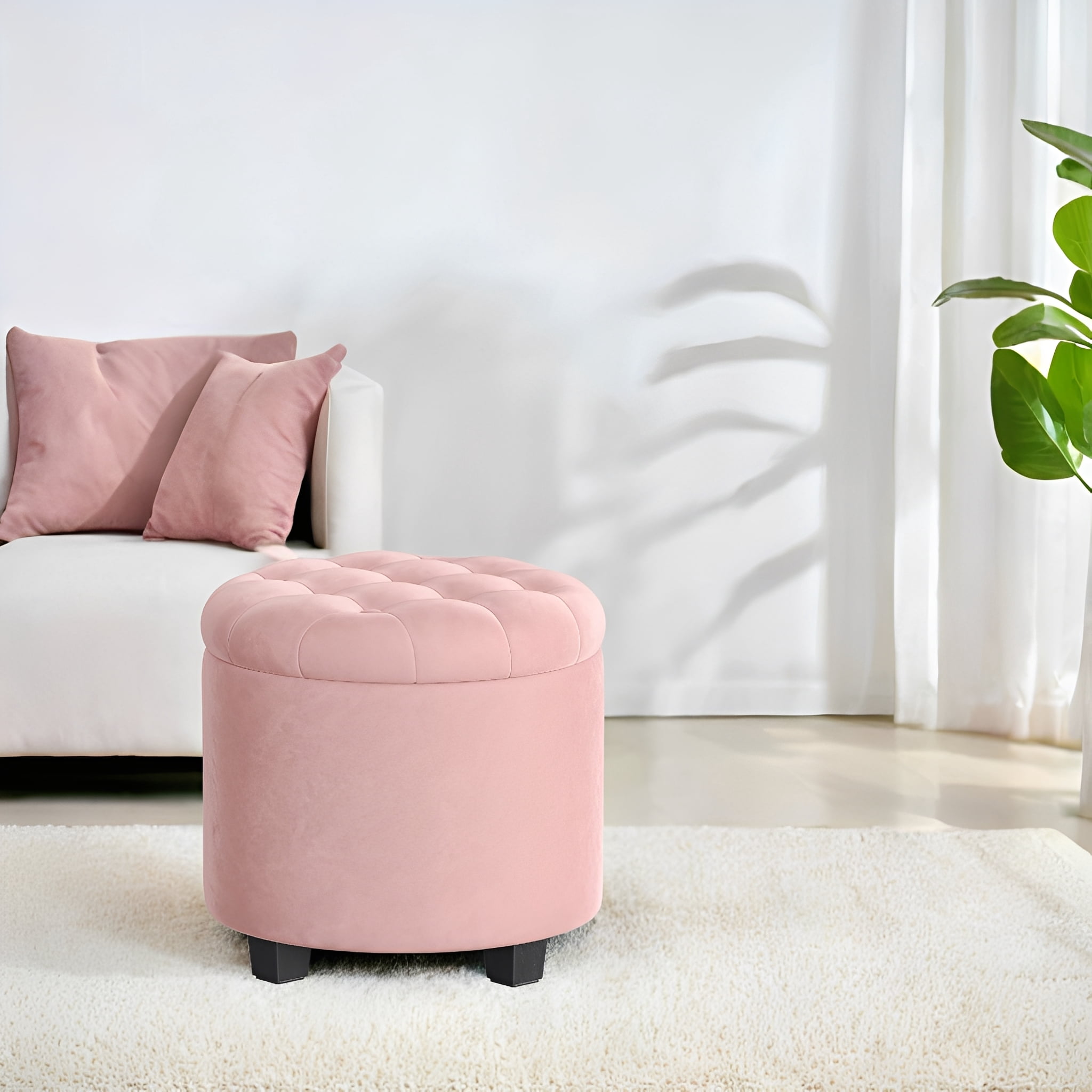 LEDREM Round Velvet Storage Ottoman - 17.7" Foot Rest Stool with Hidden Compartment, 330lb Capacity, for Living Room, Bedroom, Dorm, Jelly Pink