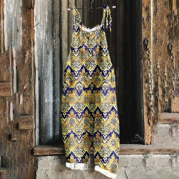 Women's Loose Jumpers Casual Sleeveless Jumpsuits Strap Retro Print Metal Button Long Harem Pants Romper Yellow XXXXXL