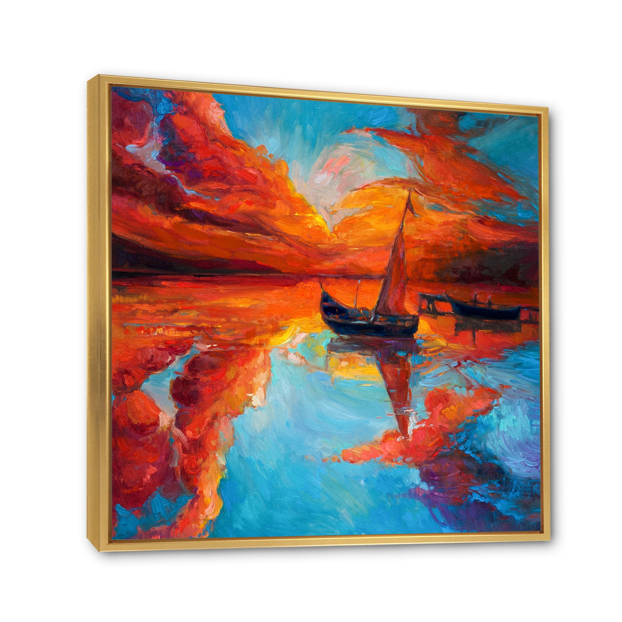 Little Boat During Warm Deep Red Evening Glow 30 in x 30 in Framed Painting Canvas Art Print, by Designart