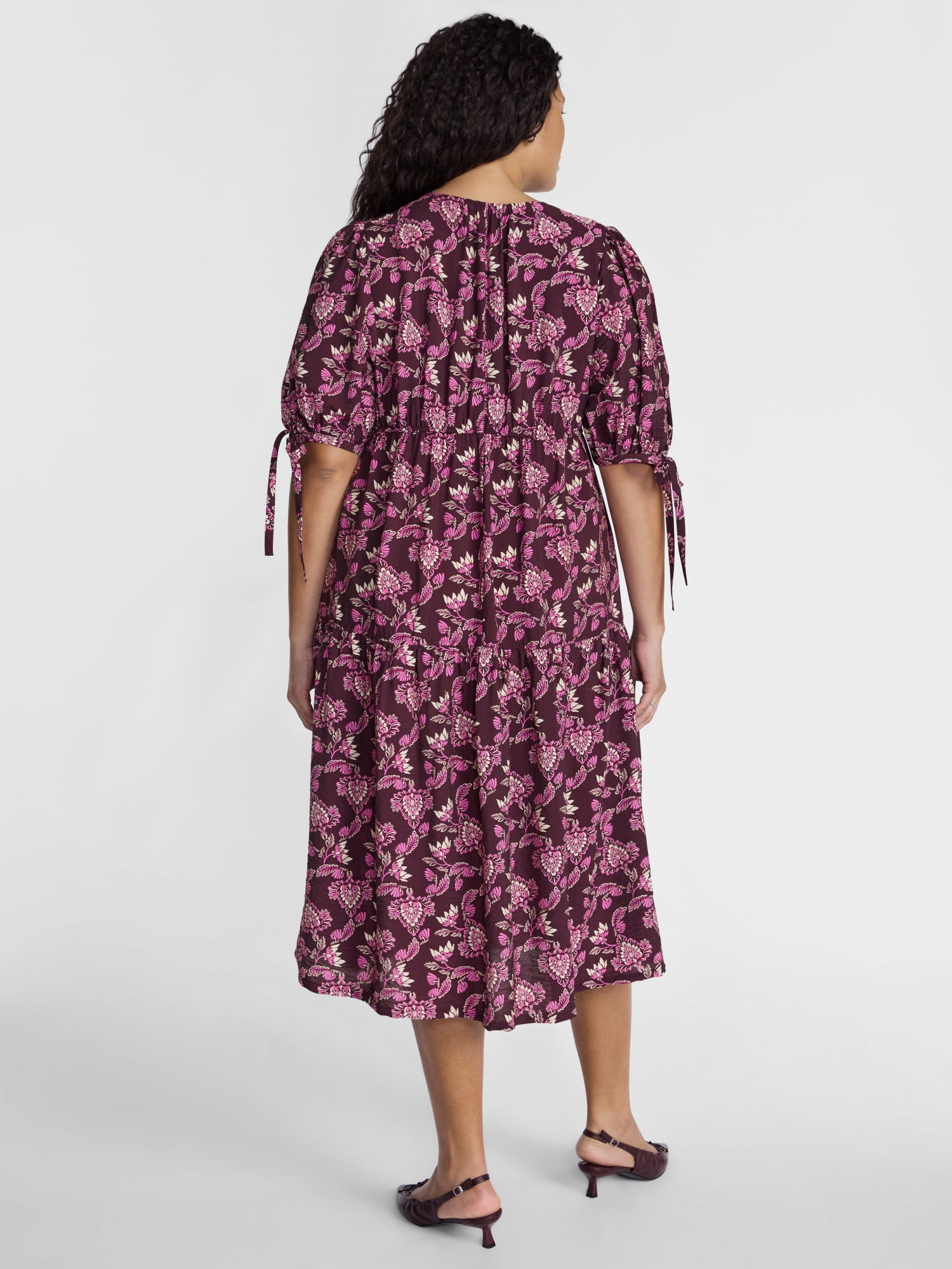 Terra & Sky Women’s Plus Tiered Midi Dress with Short Puff Tie Sleeves, Sizes 0X-5X