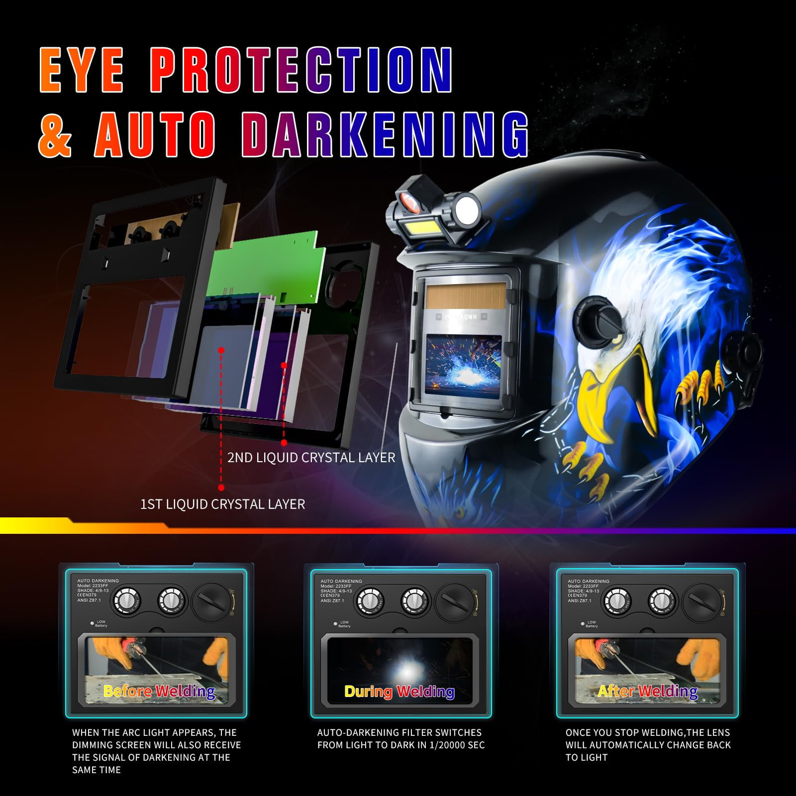 Welding Helmet Welding Hood Auto Darkening Solar Powered True Color Welding Mask 2 Arc Sensor Wide Shade 9-13 Flaming Skull Welder Helmet with Grinding Cut for MIG TIG ARC