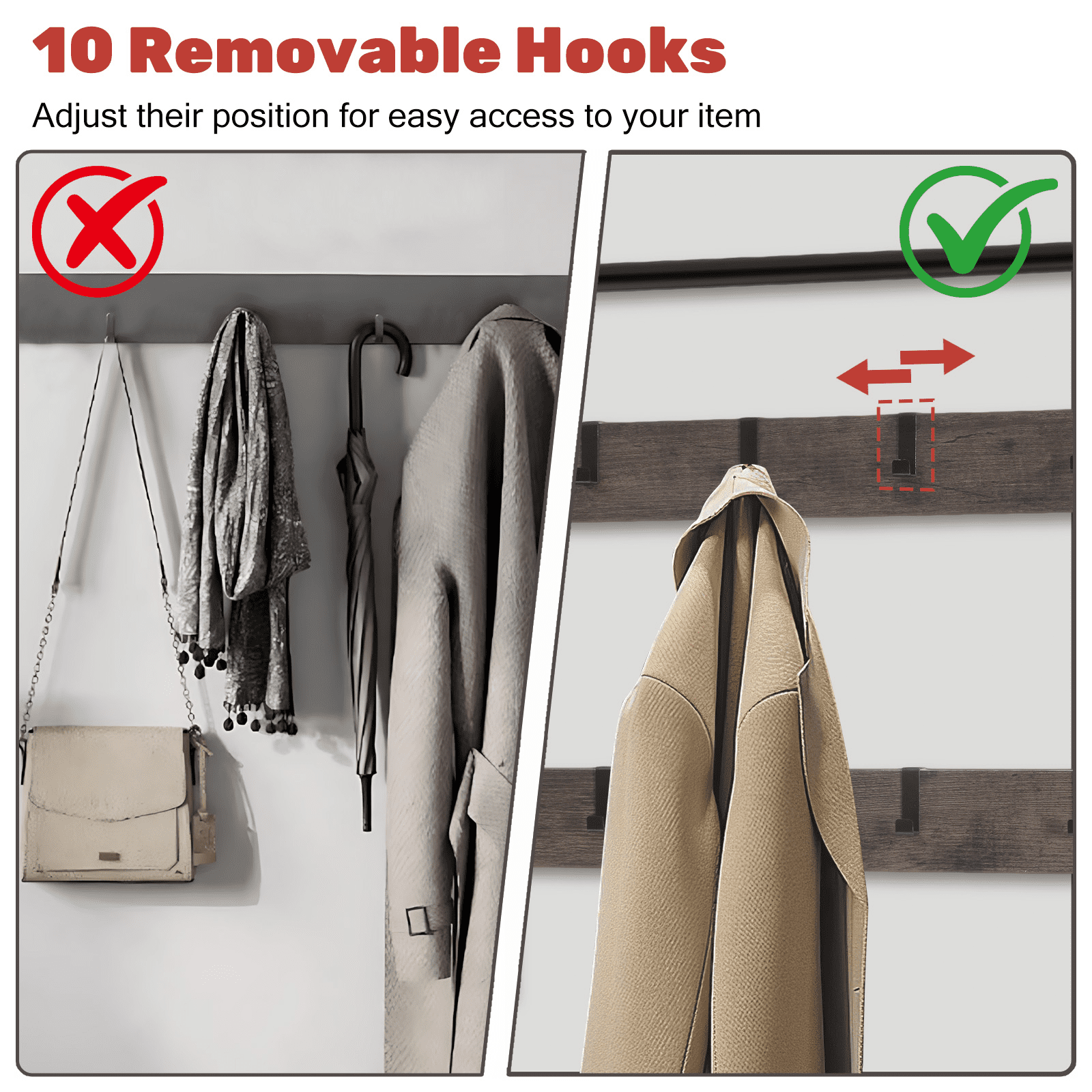 ZIVACATE Coat Rack, Hall Tree with Shoe Storage Bench, Entryway Bench with Shoe Storage, 4-in-1, Steel Frame, for Entryway, 28.35 x 13.27 x 72.05 in,Grey