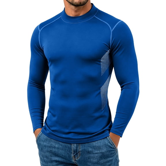 hoksml Men's Mock Neck Compression Long Sleeve Shirt, Side Sport Dot Print Panel Slim Cut Quick Dry Athletic Base Layer in Solid Colors
