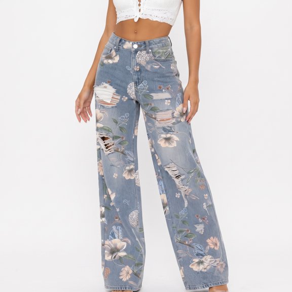ZToonmas High Waist Floral Printed Ripped Wide Leg Jeans for Women Distressed Art Print Loose Denim Long Pants with Pockets