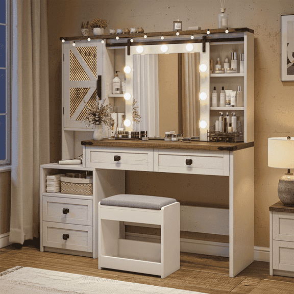 EnHomee Makeup Vanity Desk with Lighted Mirror Large Vanity with 4 Drawers Farmhouse Vanity Set with Mirror and Lights,Stool Not Included,White