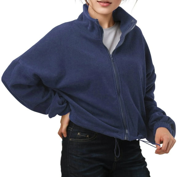 SGMVNU Women's Full Zip Short Jacket Warm Winter Long Sleeve Stand Collar Fuzzy Crop Coat with Drawstring Hem(Navy, S)