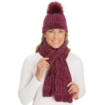 Cable Knit Hat Scarf - Soft Cable Knit Chenille Winter Scarf and Hat Matching Set, 2 Pc, Burgundy