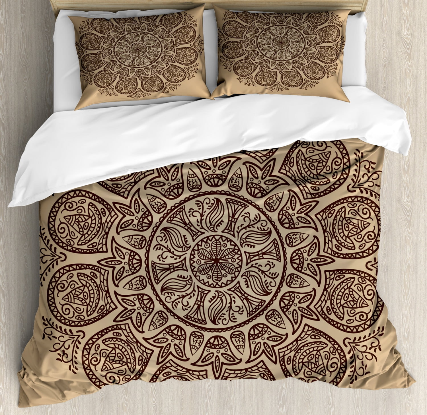 Brown Mandala Duvet Cover Set Queen Size, Abstract Round Mandala