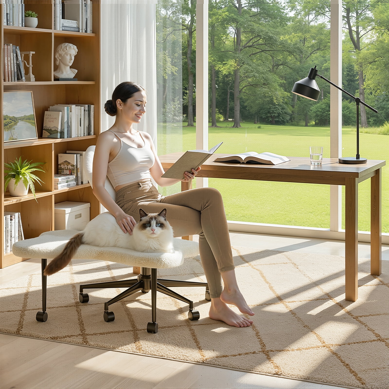 Pinmoco Cross Legged Office Chair, White Boucle Ergonomic Criss Cross Swivel Desk Chair, Heavy Duty Wide Seat for Meditation & ADHD, Armless