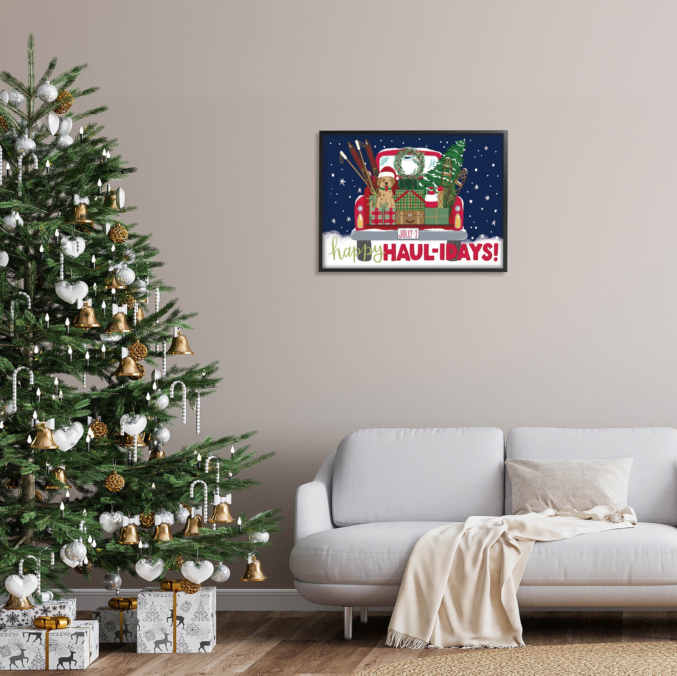 Stupell Industries Happy Haul-idays Christmas Gift Truck Graphic Art Black Framed Art Print Wall Art, Design by Amanda McGee