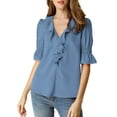 thumbnail image 6 of INSPIRE CHIC Women's Ruffled V Neck Puff Elbow Sleeve Semi-Sheer Chiffon Blouse XS Dusty Blue, 6 of 9