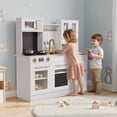 thumbnail image 3 of Arlopu Kids Play Kitchen, Wooden Kitchen Playset w/ Cookware Accessories, Sink, Microwave & 2 Fabric Boxs, Gifts for Age 3+, White, 3 of 9