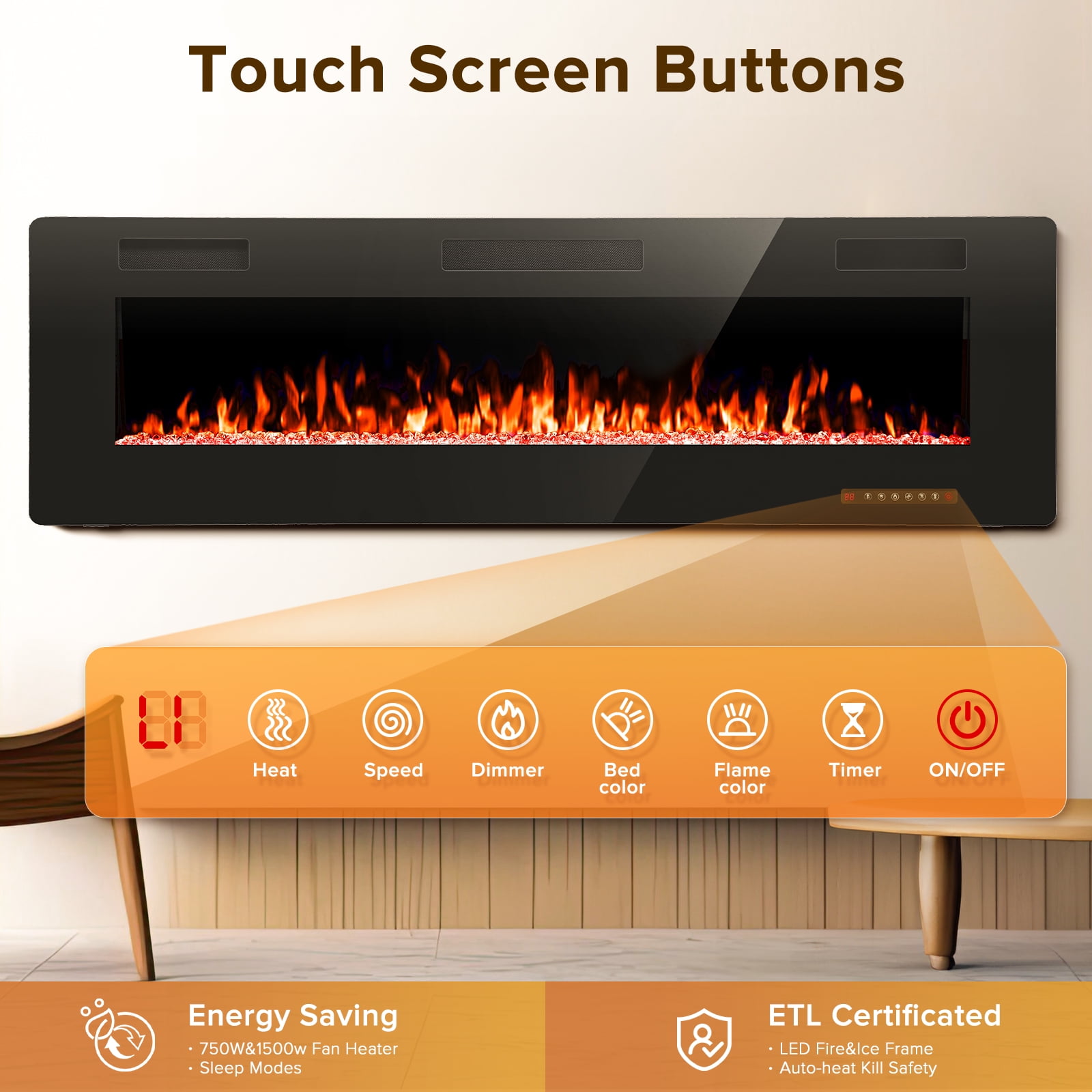 KISSAIR 60 inch Embedded Wall Mounted Indoor Fireplace, Ultra-thin Low Noise Lightweight LED Fireplace Heater, Touch Screen, Timer, 1500W, Adjustable Flame Color and Speed, Black